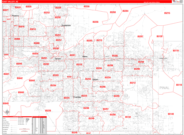 East Valley, AZ Metro Area Wall Map Red Line Style by MarketMAPS - MapSales