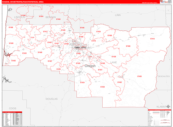 Eugene Metro Area Wall Map Red Line Style