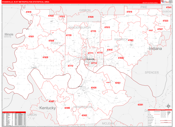 Evansville Metro Area Digital Map Red Line Style