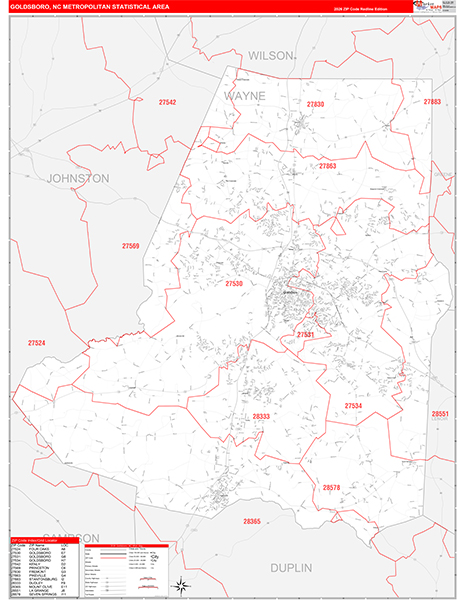 Goldsboro Metro Area Wall Map Red Line Style