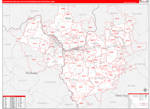 Huntington-Ashland, WV Metro Area Zip Code Wall Map Red Line Style by ...