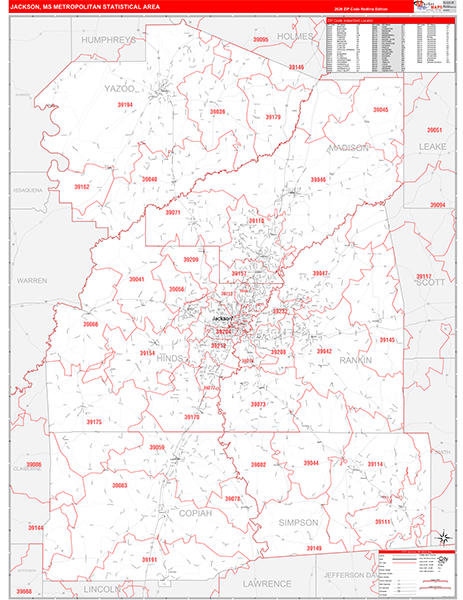 Jackson Metro Area Wall Map Red Line Style
