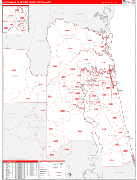 Jacksonville Metro Area Wall Map Red Line Style