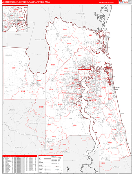 Jacksonville Metro Area Wall Map Red Line Style