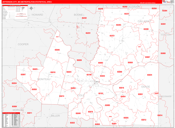 Jefferson City Metro Area, MO Zip Code Wall Map - Red Line