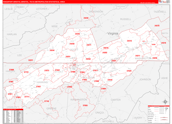 Kingsport-Bristol-Bristol Metro Area, TN Zip Code Wall Map - Red Line