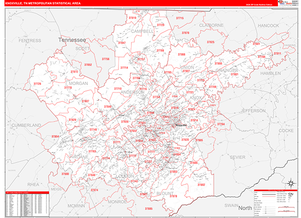 Knoxville Metro Area Wall Map Red Line Style