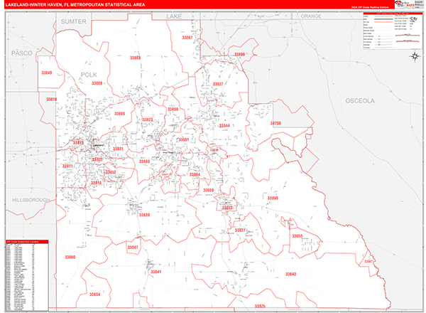 Lakeland-Winter Haven, FL Metro Area Zip Code Wall Map Red Line Style ...