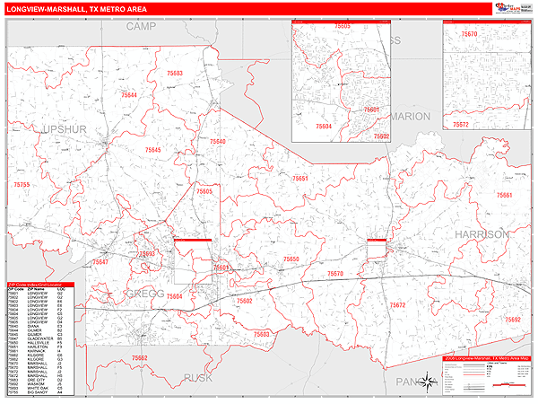 Longview-Marshall, TX Metro Area Zip Code Wall Map Red Line Style by ...