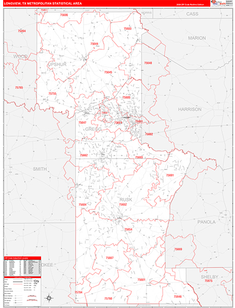 Longview Metro Area Wall Map Red Line Style