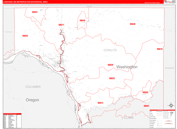 Longview Metro Area Wall Map Red Line Style
