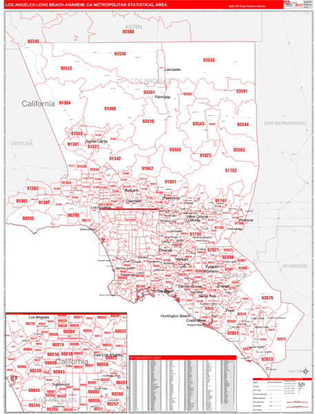 Los Angeles-Long Beach-Anaheim, CA Metro Area Wall Map Red Line Style ...