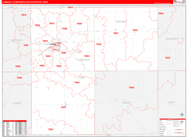 Lubbock Metro Area Digital Map Red Line Style