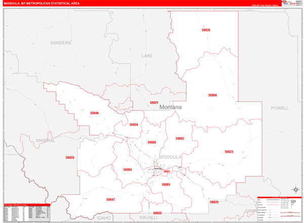 Missoula Metro Area Digital Map Red Line Style