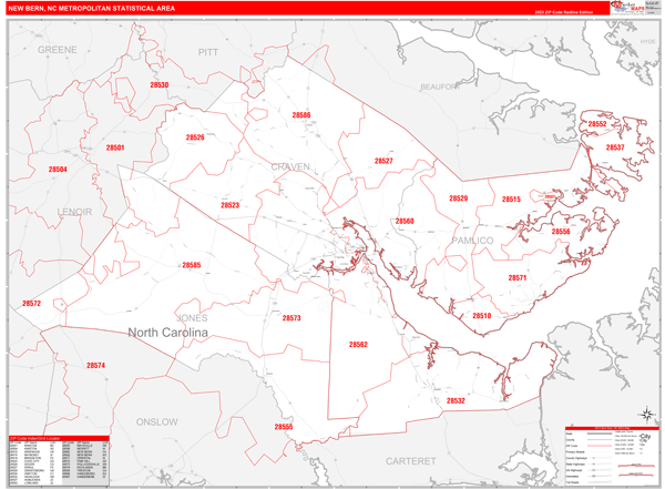 New Bern, NC Metro Area Wall Map Red Line Style by MarketMAPS - MapSales