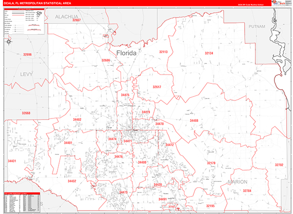 Ocala Metro Area Wall Map Red Line Style