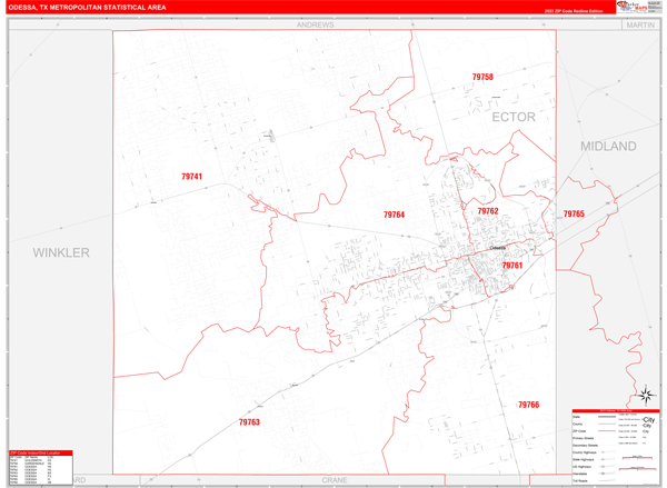 Odessa Metro Area Wall Map Red Line Style