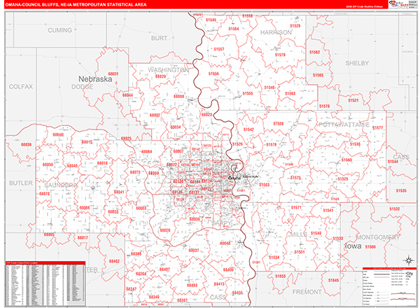 Omaha-Council Bluffs, NE Metro Area Wall Map Red Line Style by ...