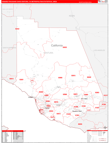 Oxnard-Thousand Oaks-Ventura, CA Metro Area Wall Map Red Line Style by ...