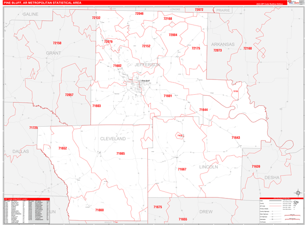 Pine Bluff, AR Metro Area Zip Code Wall Map Red Line Style by ...