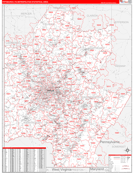 Pittsburgh Metro Area Wall Map Red Line Style