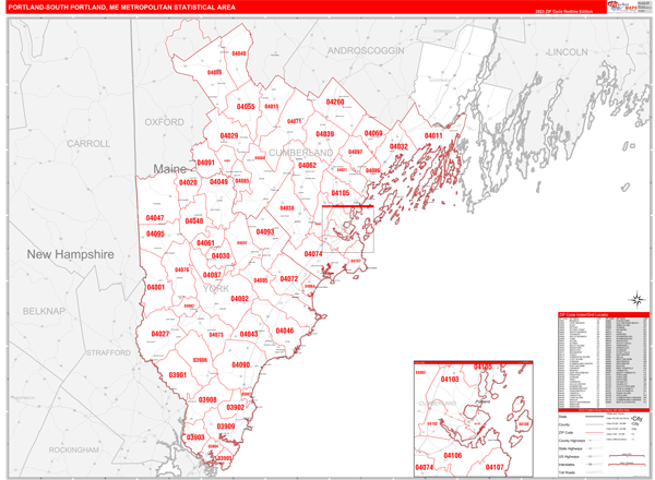 Portland-South Portland Metro Area, ME Zip Code Wall Map - Red Line