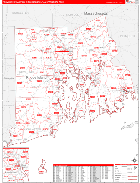 Providence-Warwick, RI Metro Area Wall Map Red Line Style by MarketMAPS ...