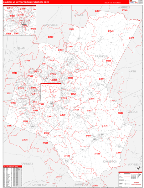 Raleigh Metro Area Digital Map Red Line Style