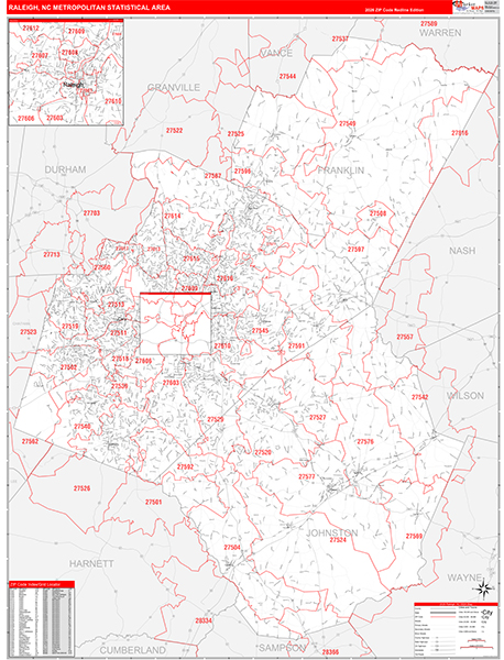 Raleigh Metro Area Wall Map Red Line Style