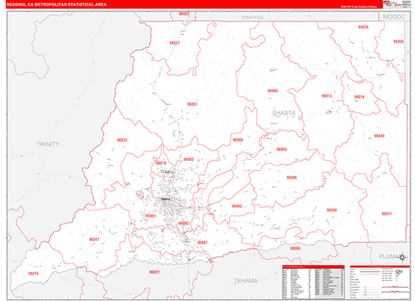 Redding Metro Area Wall Map Red Line Style
