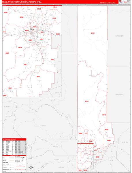 Reno Metro Area Wall Map Red Line Style