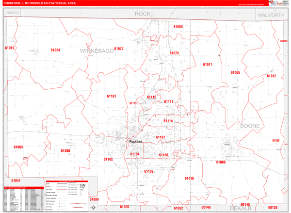 Rockford Metro Area Digital Map Red Line Style