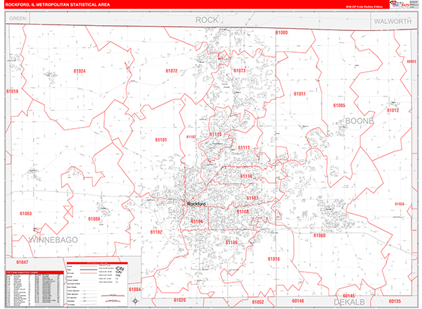 Rockford Metro Area Wall Map Red Line Style