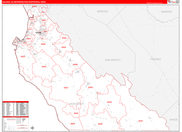 Salinas Metro Area Wall Map Red Line Style
