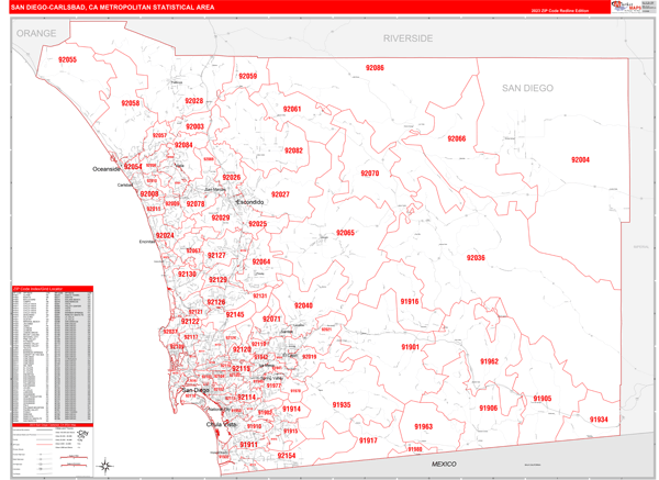 San Diego-Carlsbad, CA Metro Area Wall Map Red Line Style by MarketMAPS ...