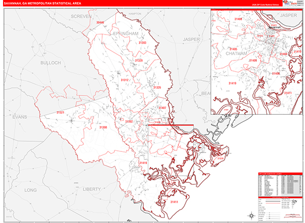 Savannah Metro Area Wall Map Red Line Style