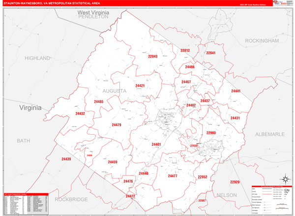 Staunton-Waynesboro, VA Metro Area Wall Map Red Line Style by ...