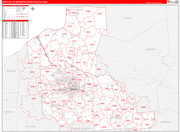 Syracuse Metro Area Wall Map Red Line Style
