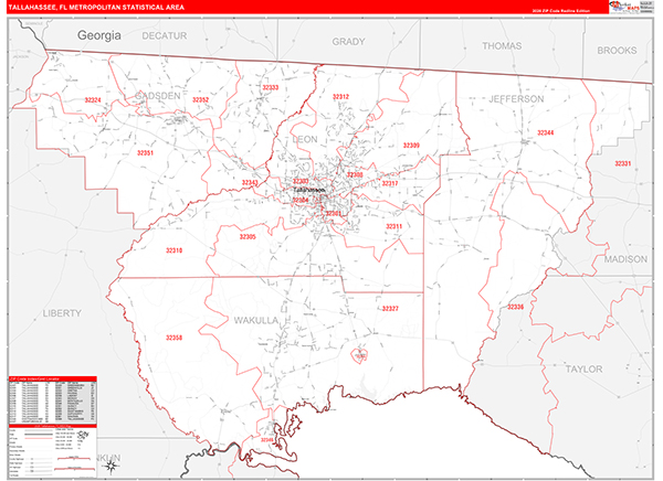 Tallahassee Metro Area Wall Map Red Line Style