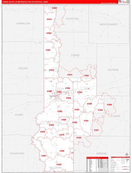 Terre Haute, IN Metro Area Wall Map Red Line Style by MarketMAPS - MapSales