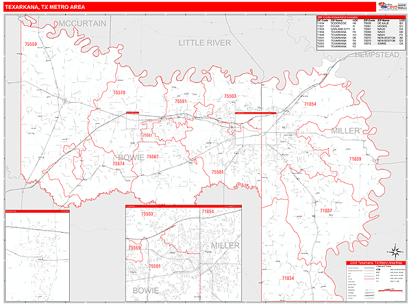 Texarkana Metro Area Digital Map Red Line Style
