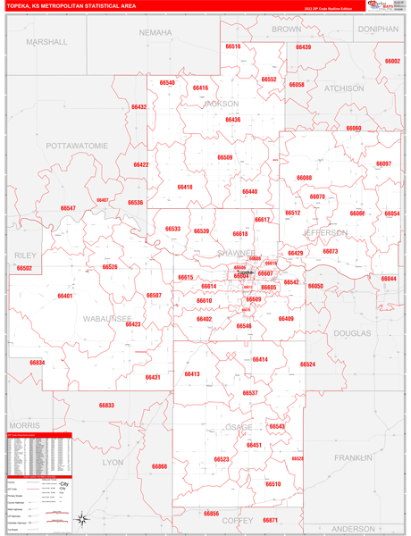Topeka Metro Area Wall Map Red Line Style