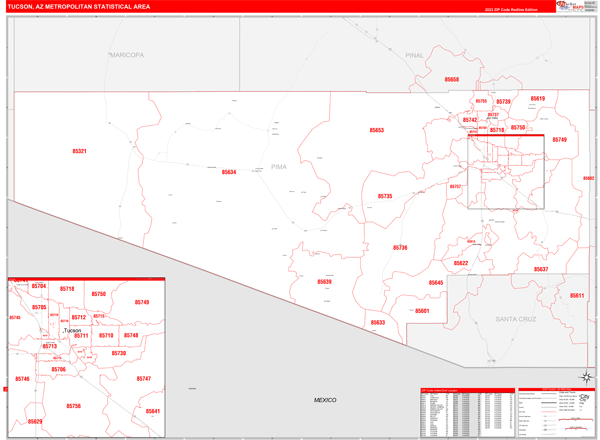 Tucson Metro Area Wall Map Red Line Style
