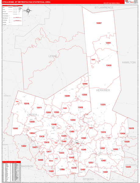 Utica-rome, Ny Metro Area Wall Map Red Line Style By Marketmaps - Mapsales