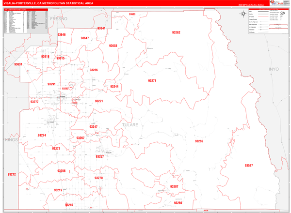 Visalia-Porterville, CA Metro Area Wall Map Red Line Style by ...