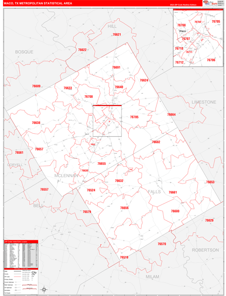 Waco Tx Metro Area Zip Code Wall Map Red Line Style By Marketmaps