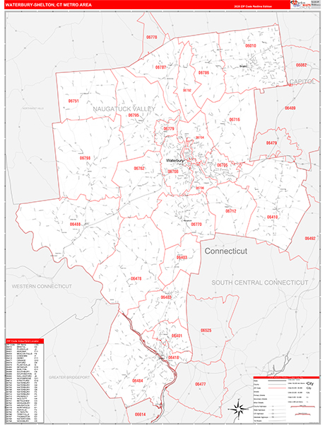Waterbury-Shelton, CT Metro Area Zip Code Map