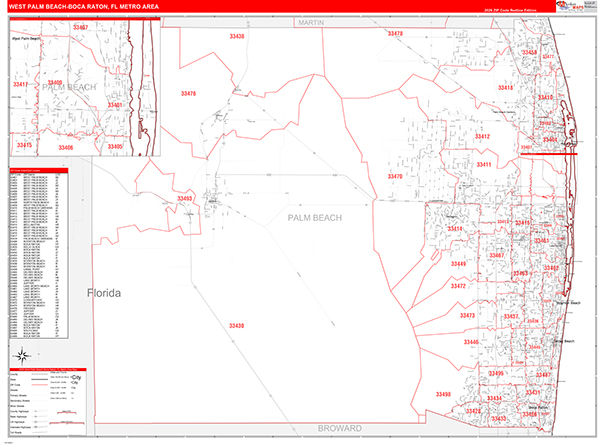 West Palm Beach-Boca Raton, FL Metro Area Wall Map Red Line Style by ...