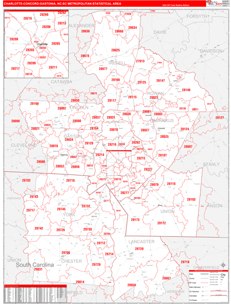 Charlotte-Concord-Gastonia, NC Metro Area Wall Map Red Line Style by ...