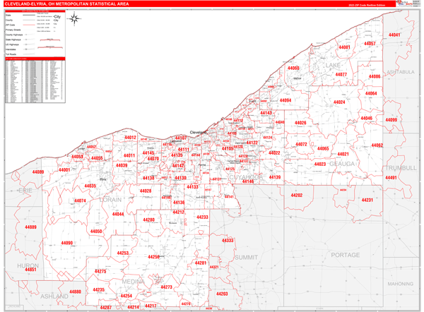 Cleveland-Elyria, OH Metro Area Wall Map Red Line Style by 